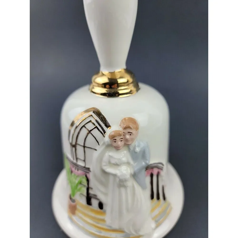 Vintage Wedding Bell Bride Groom Artisan Ceramic Porcelain Gold Trim Clapper